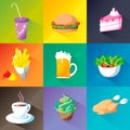 Food icon set on different colors background: hamburger, salade, beer, chicken, coffe, fries, cupcake, cake, can, with long shadow