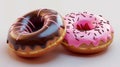 Food icon set with donuts with pink icing and chocolate. 3D modern realistic objects.