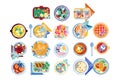 Food icon set. Plates with different dishes green salad, soup with boiled eggs, pancakes, sandwiches, fish with lemon