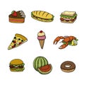 Food icons collection. Doodle cartoon vector illustration.