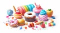 Food icons with 3D modern realistic images. Cupcakes, cake, donuts, candy, and candy bars.