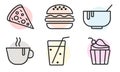 Food Icons Set. Burger, pizza, cupcake, soup, coffee, drink. Food outline web icon. Concept of lunch and dinner. For restaurant Royalty Free Stock Photo