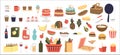 Food icons set. Cartoon fruits, vegetables, meals, fast food dish, drinks, beverages, coffee cups Royalty Free Stock Photo