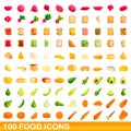 100 food icons set, cartoon style