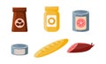 Food icons set, packaging of coffee, biscuits, cans, loaf, sausage vector Illustration