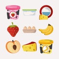 Food icons set, yogurt fruits eggs and cheese fresh nutrition