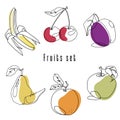 Food illustration fruits set. Line art, outline.