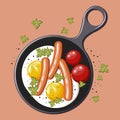 Food illustration, scrambled eggs with sausages, tomatoes and parsley in a frying pan.