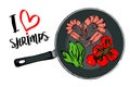 Green cartoon herbs, brunch of red cherry tomatoes and heart shape of two prawns inside pan.