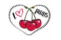 Dotted line black heart shape and cartoon drawn three red cherries inside heart Royalty Free Stock Photo