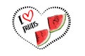 Dotted line black heart shape with cartoon drawn two fresh water melon triangular pieces inside heart