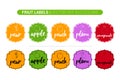 Colorful fruit labels set of pear, Apple, peach, plum, pomegranate. Cartoon Advertising business Stickers.