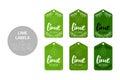 Lime fruit Eco labels vector set in green, dark green colors.
