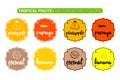 Tropical fruits Colorful labels with coconut, pineapple, papaya, banana. Cartoon Advertising Stickers