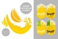 orange cut with juice splashes. Organic fruit labels tags and orange juice text. Colorful tropical stickers.