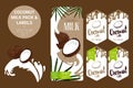 coconut milk pack with palm leaves, organic labels tags. Colorful tropical stickers. exotic fruit badges