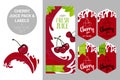 Red cherry on juice splash. berry juice pack and organic fruit labels tags.