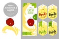 Cartoon red apple on juice splash. Fresh juice pack with Organic labels tags and green leaves. Royalty Free Stock Photo