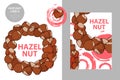 Raw hazelnut labels. Circle of brown hand drawn nuts isolated on white background.