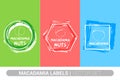 Macadamia nuts colorful label set. Raw organic nuts Badge shapes. Creative Nut tags. Royalty Free Stock Photo