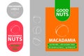 Macadamia Nut Badge with text: gluten free, low glycemic index, no sugar alcohols, 0g trance fat. Raw organic sticker