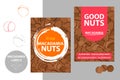 Macadamia nuts labels with brush stroke elements and cartoon drawn nut texture. product Badge