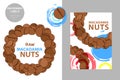 Raw macadamia nuts label. Creative colorful badge with semicircle of nuts. Circle of brown hand drawn nuts