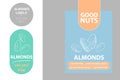 Almond nuts labels with green elements. Cartoon drawn nut silhouettes.