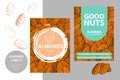 Almonds labels with brush stroke elements and cartoon drawn nut texture. product Badge with nut silhouettes