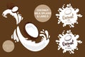 Fruit vector package set of cartoon coconuts on milk splashes. Organic fruit labels tags