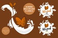 Nut package set of cartoon almonds on milk splashes. Organic nuts labels tags