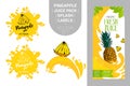 Cartoon pineapple on juice splash. Fresh pineapple juice pack with Organic labels tags and green leaves. Royalty Free Stock Photo