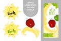 Red apple on juice splash. Fresh juice pack with Organic labels tags and green leaves. Royalty Free Stock Photo