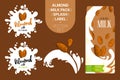 Almond nuts on juice splash. Fresh almond milk pack with Organic labels tags and hand drawn nuts. Royalty Free Stock Photo