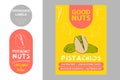 Pistachio nuts labels with brush stroke elements. Cartoon drawn Pistachios. product Badge