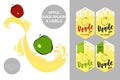 Red and green apples on juice splashes. Organic fruit labels tags and apple juice text.