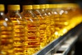 Food industry conveyor line efficiently bottling refined sunflower oil from sunflower seeds