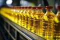 Food industry conveyor line efficiently bottling refined sunflower oil from sunflower seeds