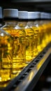 Food industry conveyor line efficiently bottling refined sunflower oil from sunflower seeds