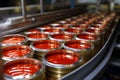 Food industry showcase Canned sardines in a tomato sauce factory