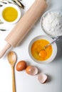 Food ingredients for bakery or homemade bread or pasta, olive oil, flour, eggs on white background. Royalty Free Stock Photo