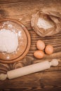 Food ingredients for dough a wooden kitchen board. Cake recipies