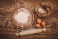 Food ingredients for dough a wooden kitchen board. Cake recipies