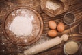 Food ingredients for dough a wooden kitchen board. Cake recipies