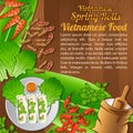 Food ingredients elements set banner on wooden background,Vietnam