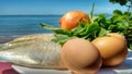 Food ingredients. Fish, eggs, onion and herbals