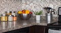 Food ingredients and herbs on kitchen countertop