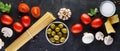 Food ingredients for italian pasta, spaghetti on black stone slate background. Banner Royalty Free Stock Photo