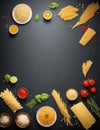 Food ingredients for italian pasta, spaghetti on black stone slate background. Banner.. Illustration Ai generation. Generative Ai. Royalty Free Stock Photo