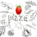 Food ingredients for pizza, sketch set, tomato, mushrooms, cheese, peppers, broccoli, arugula, basil, garlic, olives